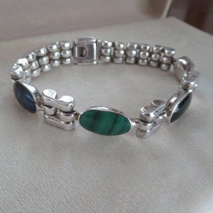 Estate Taxco 950 Sterling Turquoise Link Bracelet TO-42 Mexico, 7 inches Long